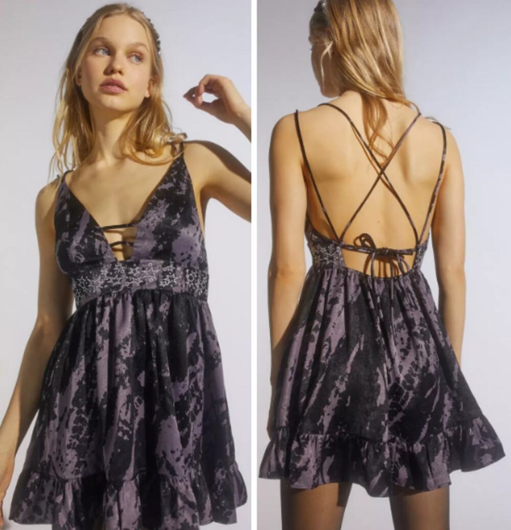 Urban Outfitters NEW Black & Gray Stars Strappy Babydoll Mini Dress Small WITCHY